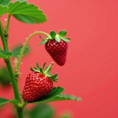 Fresh strawberry nestled at the tip of a green shrub stem, greens, flowers, plantparts