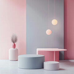 Contemporary pastel interior with minimalist furniture and decor