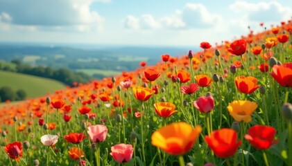 Naklejka premium Multicolored poppies scattered across a hillside, field, petals, flowers