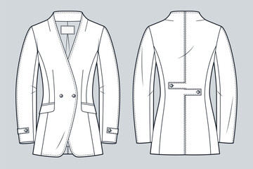 Naklejka premium Tailored Jacket technical fashion illustration. Asymmetric Collarless Double-Breasted Blazer fashion flat technical drawing template, fitted, front and back view, white, women, men, unisex CAD mockup.