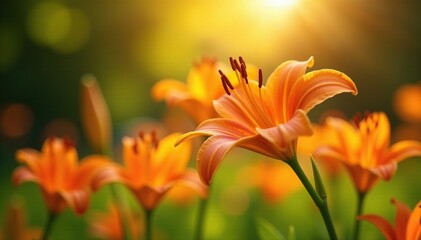 Fototapeta premium Orange lily flowers dance in the warm sunlight of a summer garden, orange lily, stems