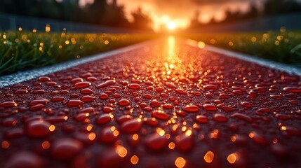 Fototapeta premium Sunset drops on wet track, path to the light