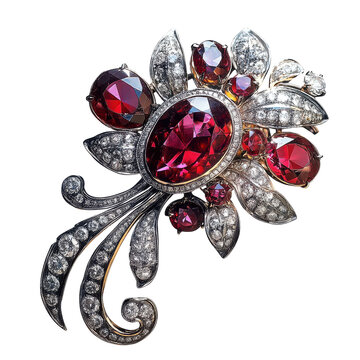 Vintage Diamond Ruby Brooch Isolated on Transparent or blank Background, PNG