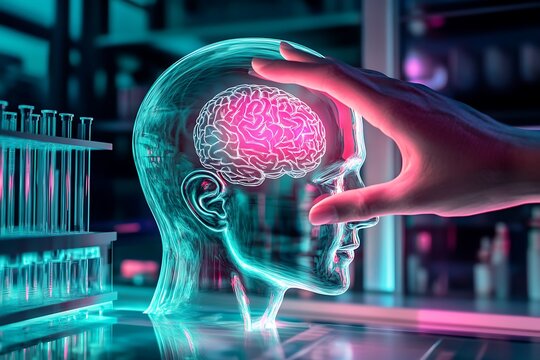 High-definition 3D graphic of a human hand touching a transparent head showing a holographic brain, set in a neon-lit lab.