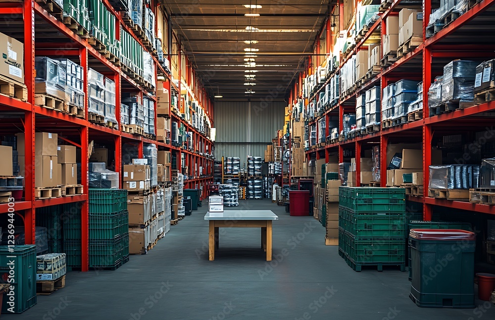 Poster rows of stacked pallets and crates in a large warehouse with a table in the center.