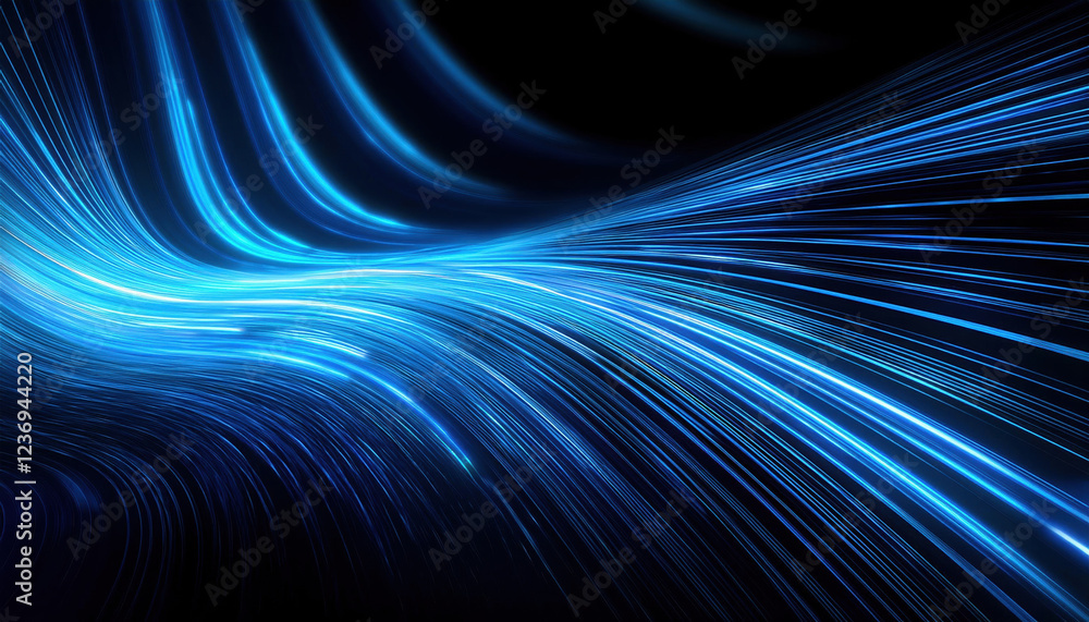 Poster dynamic blue light stripes glowing and undulating across dark background create futuristic atmospher