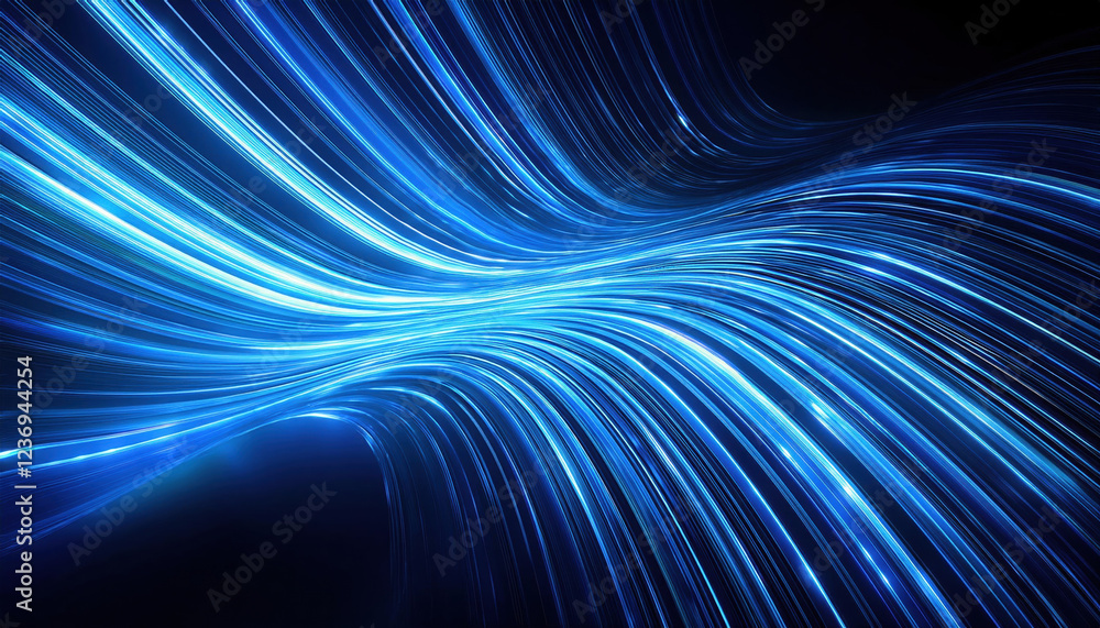 Poster dynamic blue light stripes glowing and undulating across dark background create futuristic atmospher