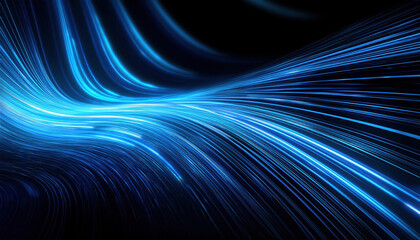 Dynamic blue light stripes glowing and undulating across dark background create futuristic atmosphere
