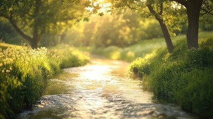 Naklejka premium Sunlit stream flows through green meadow