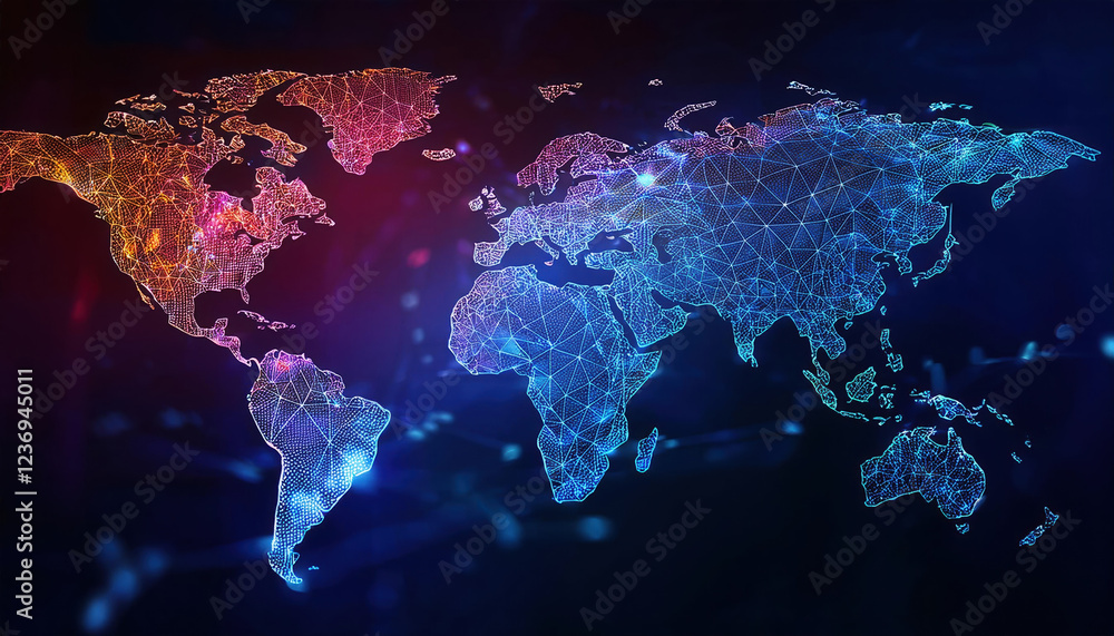 Poster digital world map with interconnected lines and dots in vibrant colors