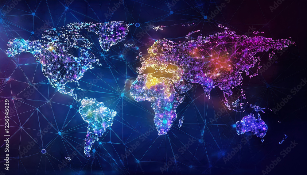 Poster digital world map with interconnected dots and lines forming polygon shapes, representing global con