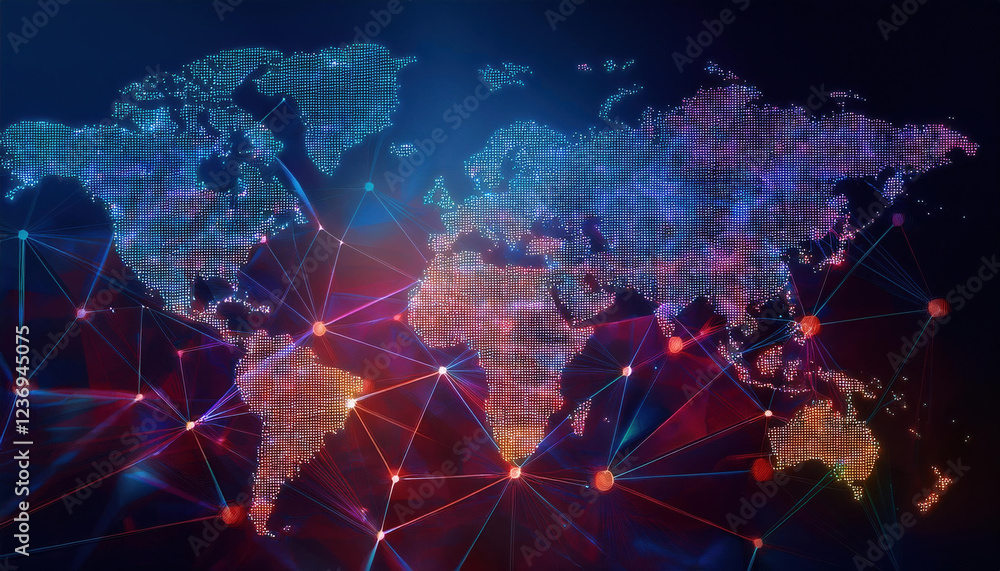 Poster digital world map with interconnected lines and dots representing data flow