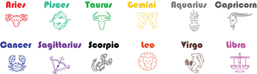 zodiac signs Aries, Taurus, Gemini, Cancer, Leo, Virgo, Libra, Scorpio, Sagittarius, Capricorn, Aquarius, Pisces,  horoscope icons. vector design.