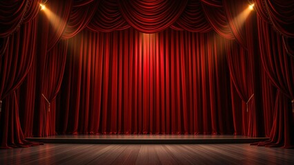The red velvet stage curtains are spotlighted for a grand theatre performance - background