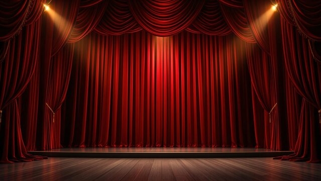 The red velvet stage curtains are spotlighted for a grand theatre performance - background