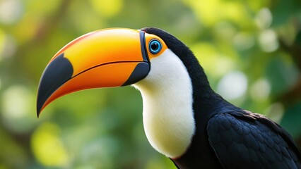 Naklejka premium A colorful toucan, a vibrant bird with a large, distinctive beak, perches on a branch in its natural tropical rainforest habitat