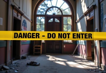 Obraz premium A close-up of a yellow caution tape reading 