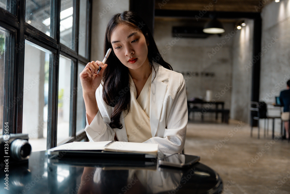 Poster young asian businesswoman is thinking and taking notes in notebook while working in modern cafe