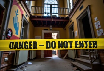 Obraz premium A close-up of a yellow caution tape reading 