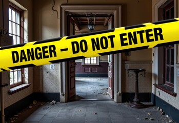 Obraz premium A close-up of a yellow caution tape reading 