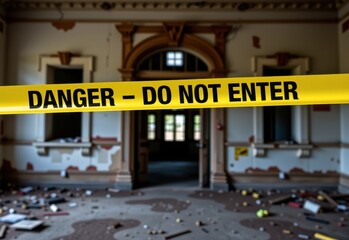 Obraz premium A close-up of a yellow caution tape reading 