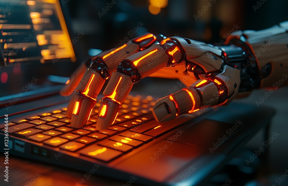 Poster robotic hand using a laptop computer in a dark room.