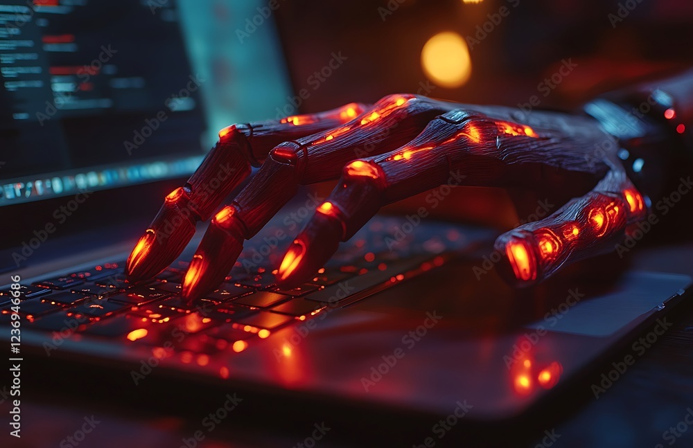 Poster robotic hand glowing red while typing on laptop keyboard at night.
