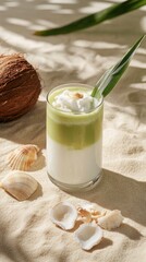 Coastal-inspired pandan coconut milk tea served in elegant glasses with stylish decor on sandy surface