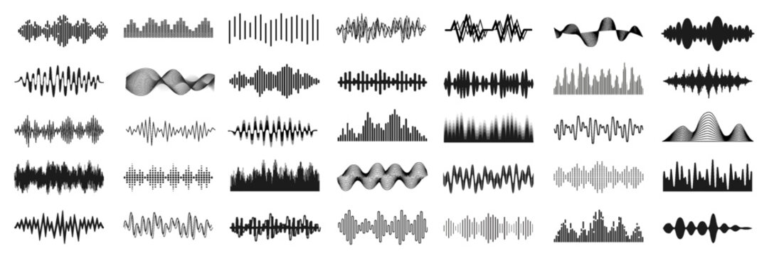 Sound waves sign set, equalizer music waves, musical sound wave beat  collection icon, digital and analog line waveforms, frequency audio waveform, electronic signal, voice recording - vector