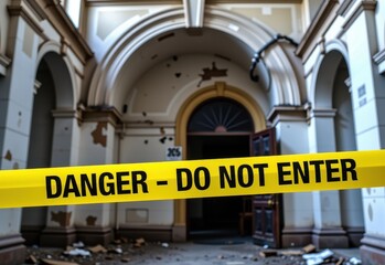 Obraz premium A close-up of a yellow caution tape reading 