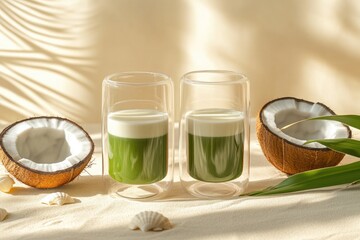 Coastal-inspired pandan coconut milk tea served in elegant glasses with stylish decor on sandy surface