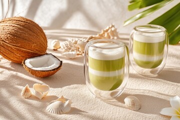 Coastal-inspired pandan coconut milk tea served in elegant glasses with stylish decor on sandy surface