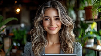 Obraz premium Young woman smiling while holding a tablet in a cozy green indoor space with plants and warm lighting