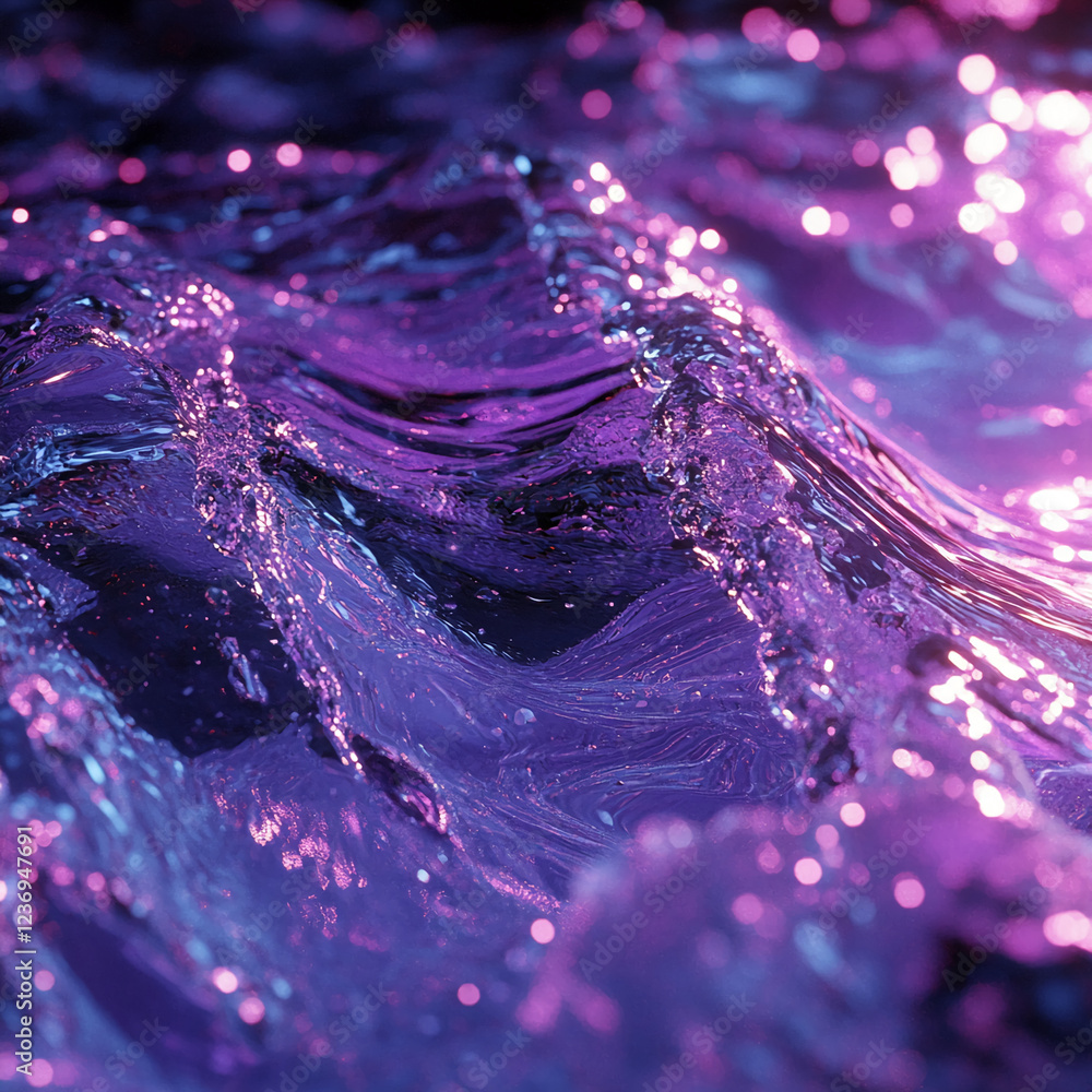 Poster abstract image of glowing purple liquid waves with shimmering reflections, representing fluid motion