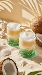 Coastal-inspired pandan coconut milk tea served in elegant glasses with stylish decor on sandy...