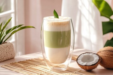 vibrant pandan coconut milk tea in a stylish cafe setting with pastel tones and natural elements