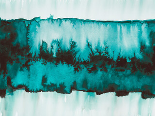 Naklejka premium Modern watercolor wash with bold teal and turquoise hues in a horizontal design. Saturated center tones fade into soft edges, offering depth, airy aesthetics, and textured organic brushstrokes