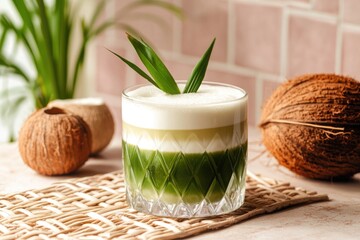 vibrant pandan coconut milk tea in a stylish cafe setting with pastel tones and natural elements