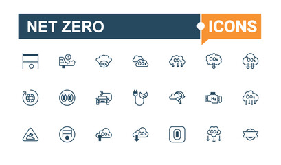 Net Zero linear icon collection. Containing friendly, business, car, environment, hand and more. Outline symbol collection. Solid line editable stroke. Vector line and solid icons.