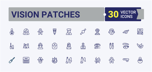 Vision Patches icon set. Contains related to hydrogel, beauty, after, eye, package, health, age, supplies. Outline icon. Outline and solid pictogram.
