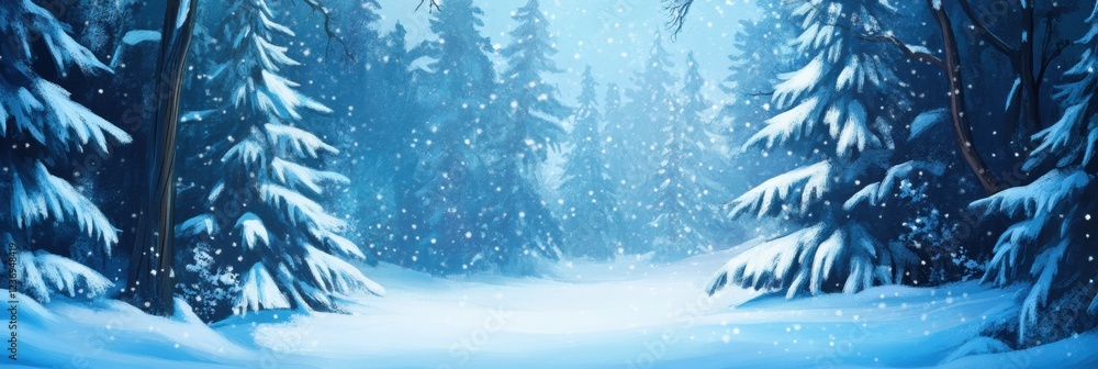 Poster snowy forest landscape with winter trees and gentle snowfall in a serene environment during daytime.