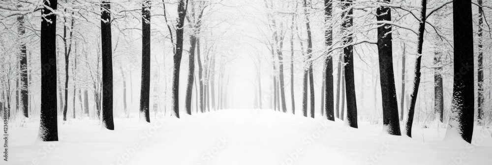 Poster snow-covered trees line a tranquil path in a serene winter landscape during a snowstorm. generative 