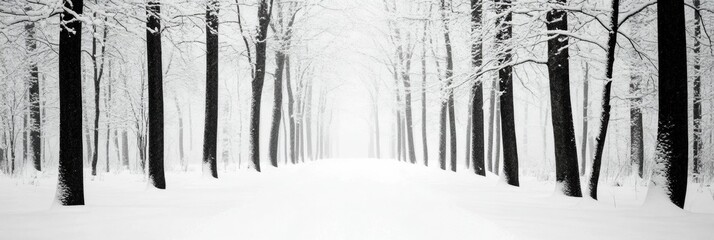 Snow-covered trees line a tranquil path in a serene winter landscape during a snowstorm. Generative AI