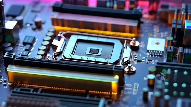 Close-up of a high-tech motherboard with colorful components