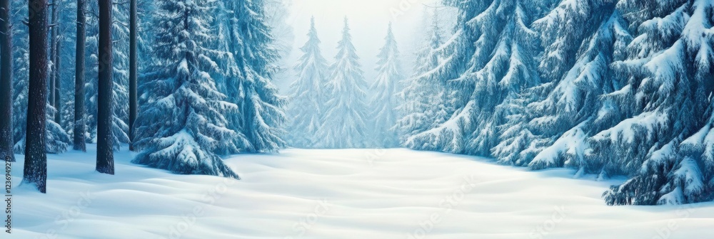 Poster winter landscape showcasing snow-covered trees in a serene forest with soft light filtering through 