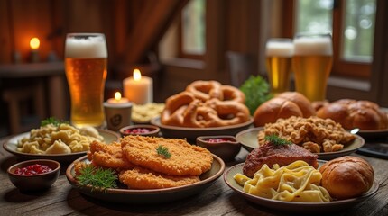Authentic Austrian alpine feast featuring traditional dishes and beverages