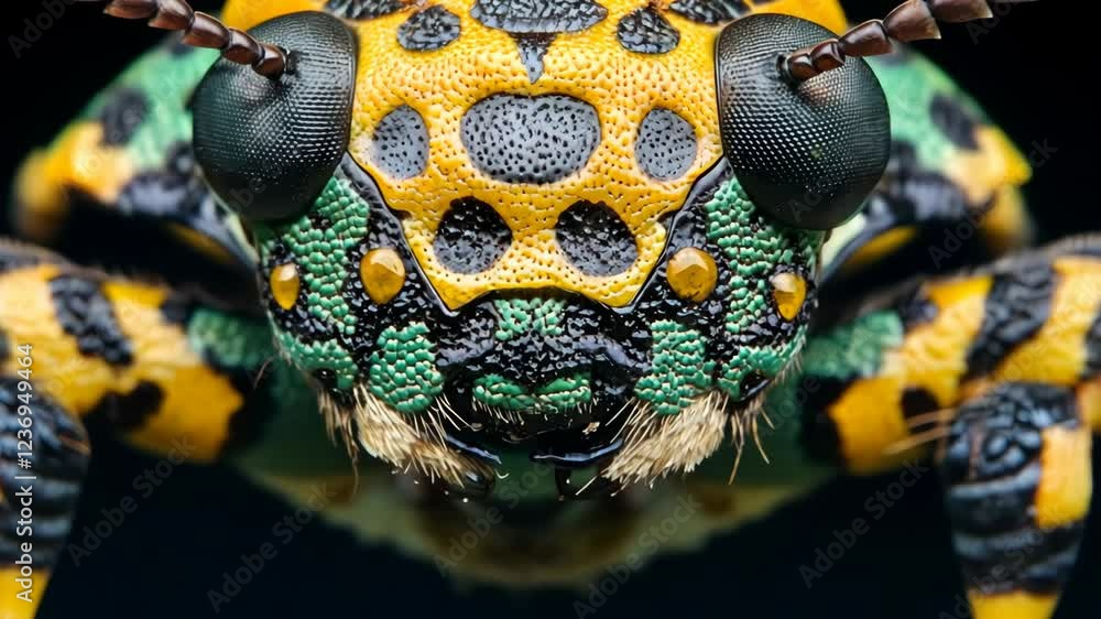 Poster close-up of a vibrant multicolored beetle showcasing intricate patterns and textures on its body