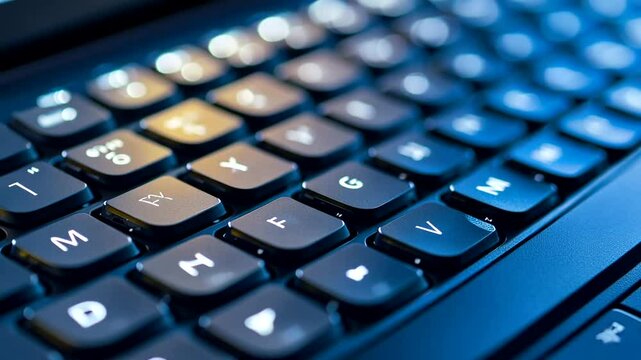 Close-up of a laptop keyboard with illuminated keys at night