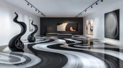 A modern-art-inspired living room with a floor design of swirling abstract patterns in black