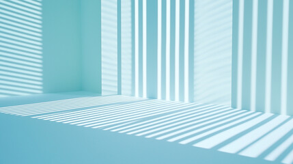 A serene and minimalist scene featuring a white wall illuminated by soft, diffused light. Delicate rays of light